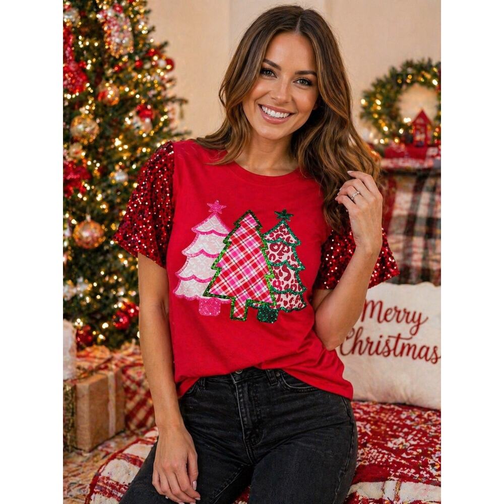 NEW Southern Grace Sequin Sleeve Christmas Tree Graphic Tee Red Holiday Party